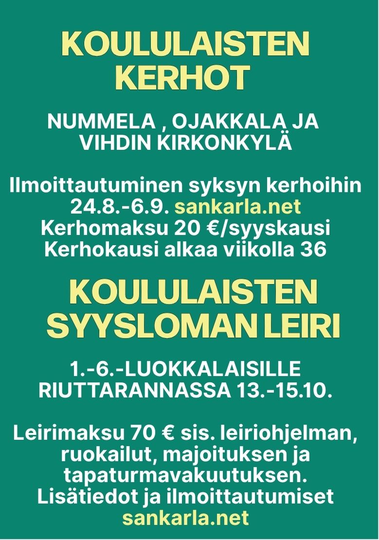 Koululaisten kerhot alkavat syyskuussa