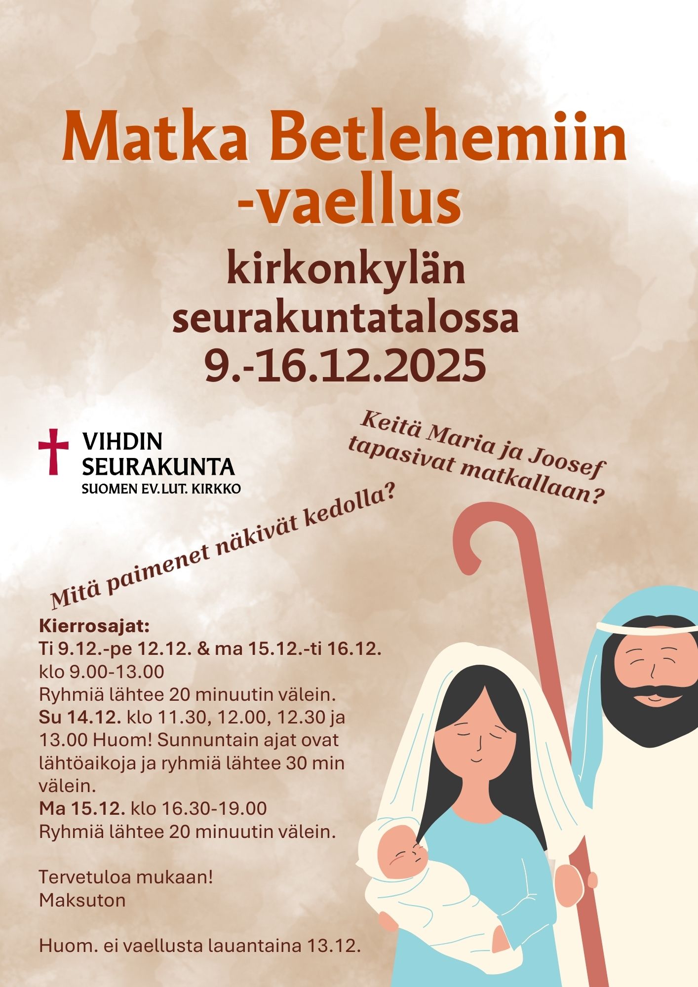 Matka Betlehemiin -vaellus kirkonkylän seurakuntatalolla 9.-16.12.2025