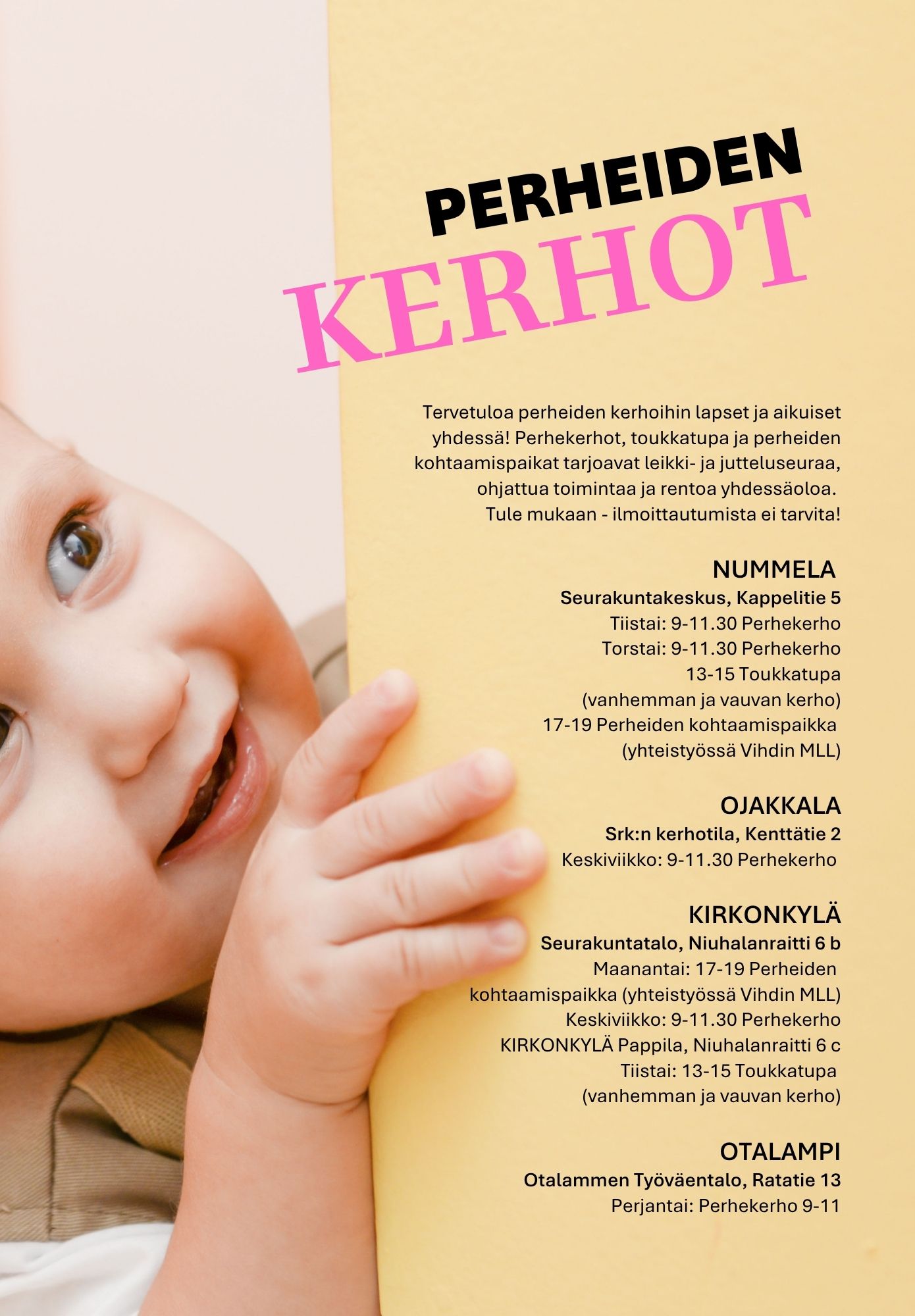 Perheiden kerhojen kokoontumisaikataulut