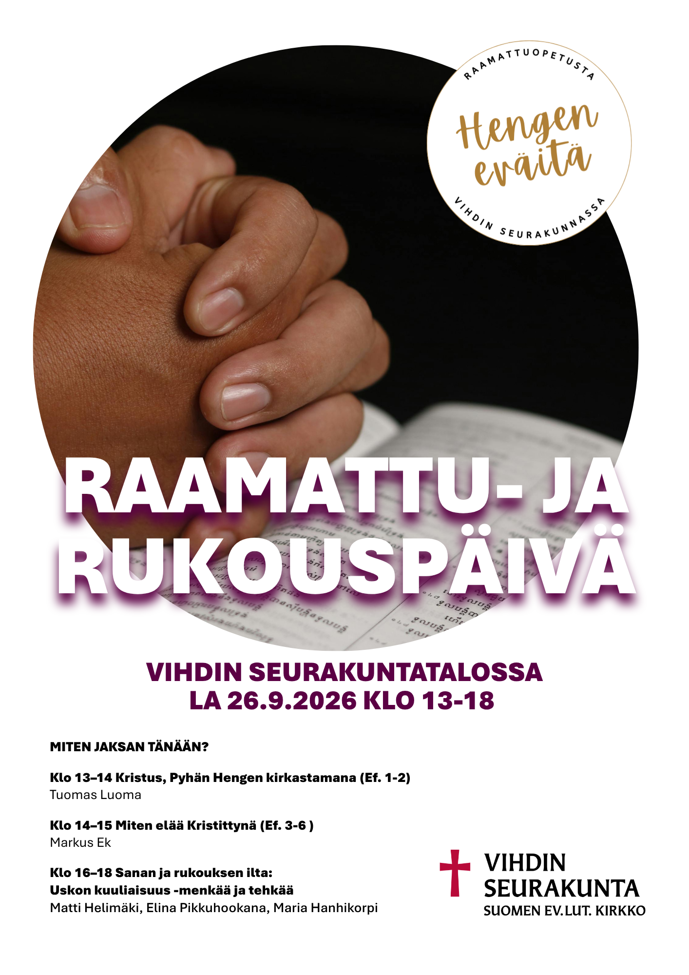 Raamattu- ja rukouspäivä la 26.9.2026 klo 13-18 kirkonkylän seurakuntatalossa